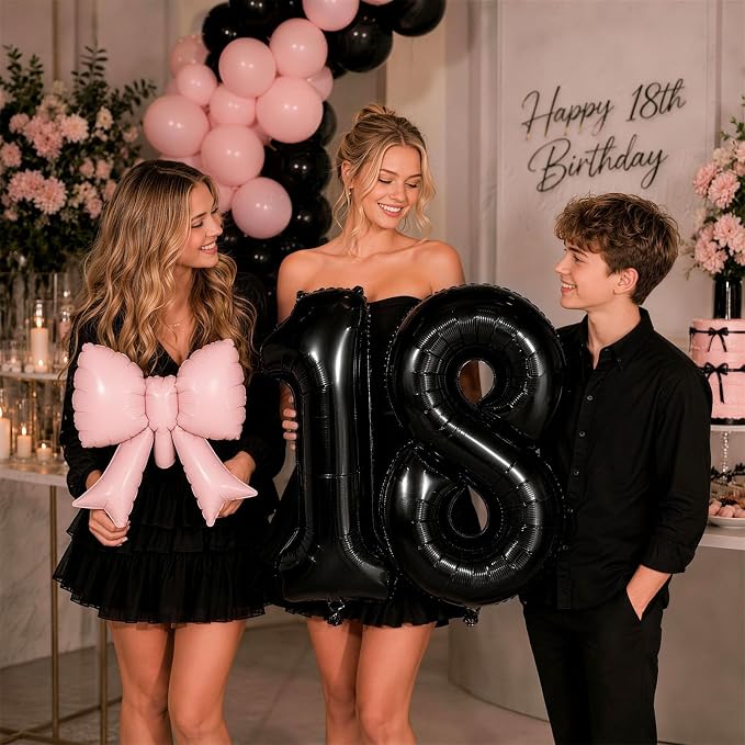 40 Inch Black Number 5 with Pink Bow Balloon, Giant Self Inflating Black Foil - Image 5