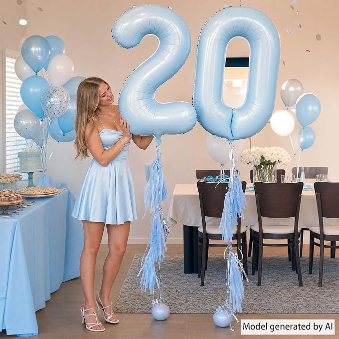Baby Blue Number 20 Balloon 40 Inch, Foil Digits Milestone Party Supplies | - Image 2