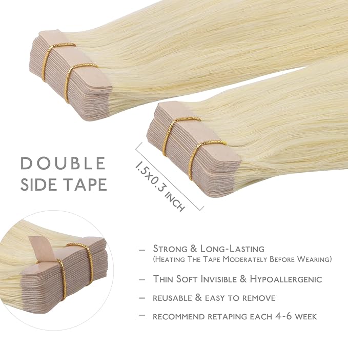 WENNALIFE Tape in Hair Extensions Human Hair, 20pcs 50g 20 inch Bleach Blonde Remy Hair Extensions Straight Human Hair Tape in Extensions Skin Weft Tape Extensions Human Hair