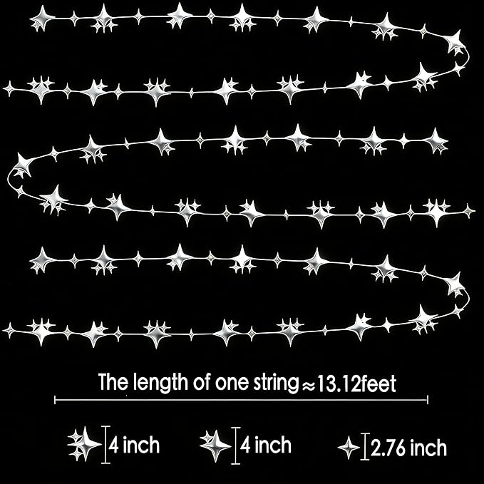 Glitter Silver Four-Angle Star Paper Garland Banner Décor 40 Feet Twinkle - Image 2