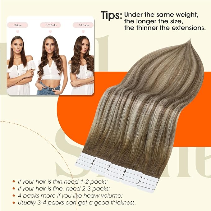 Full Shine Balayage Tape in Hair Extensions Straight Human Hair Extensions 14 Inch Invisible PU Tape in Extensions 6 Chestnut Brown Ombre to 60 Platinum Blonde Highlight 6 Seamless Hair 50g/20pcs