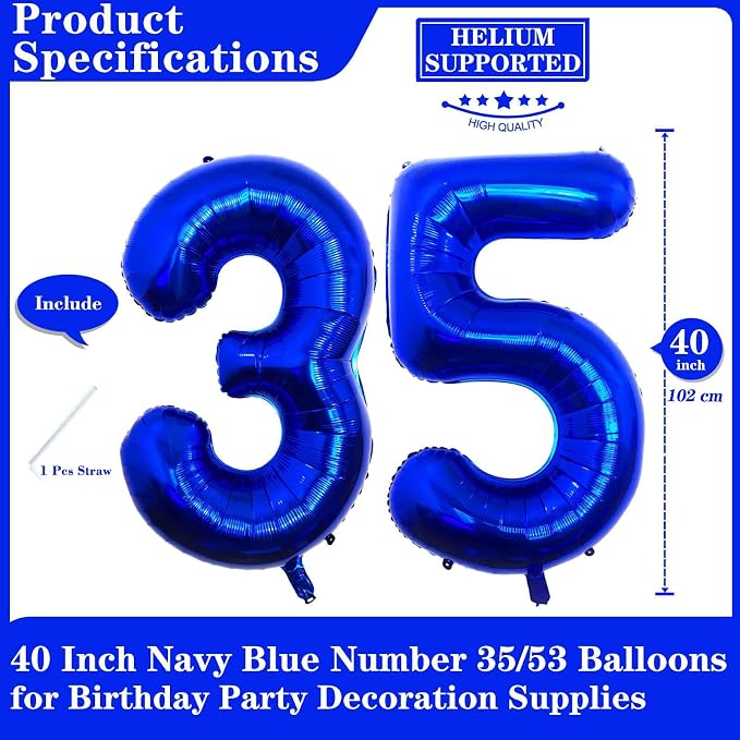 Navy Blue 35 Number Balloons, 40 Inch Giant Number 35 Balloons Foil Mylar - Image 2