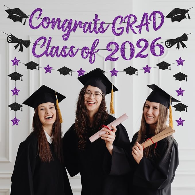 Black and Purple Graduation Banner, Glitter Purple Graduation Decorations Banner - Image 3
