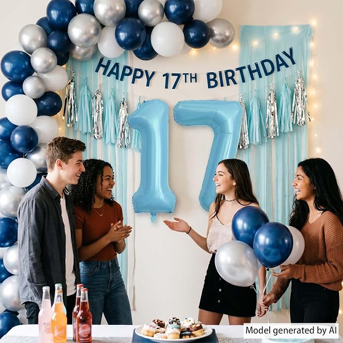 Pearlescent Blue Number 17 Balloon 40 Inch, Giant Light Blue Foil 17th Birthday - Image 2