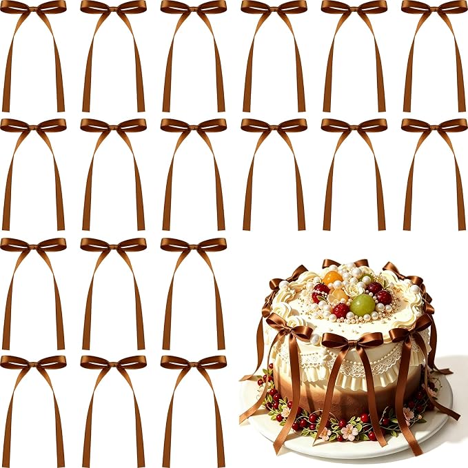NEBURORA 50 Pcs Brown Bows for Cake Decoration Party Ribbon Bowknots | Pastel by NEBURORA