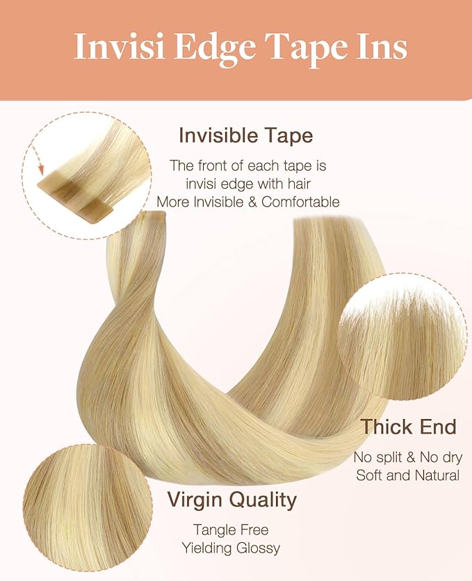 GOO GOO Invisi Edge Tape in Hair Extensions Human Hair, 16/22 Light Blonde Highlighted Golden Blonde 20pcs injected with 20pcs classical tape ins, 20inch 100g, Virgin Remy Hair, Natural Look