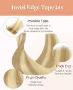GOO GOO Invisi Edge Tape in Hair Extensions Human Hair, 16/22 Light Blonde Highlighted Golden Blonde, 10pcs 16inch 25g, Virgin Remy Hair, Seamless Injected Tape, Natural Look