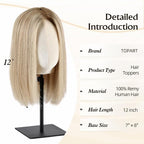 MONO TOP Hair Toppers for Women Human Hair 12 Inch 7"×8" Big Base Partial wig Cover Thinning Hair or Loss No Bangs Top Hair Pieces Natural Wiglets (Blonde Mixed)