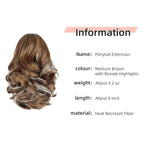 Ponytail Extension, Clip on Ponytails for Women, 9" Claw Clip in Short Curly Wavy Pony Hair Extension for Women - Medium Brown with Blonde Highlights