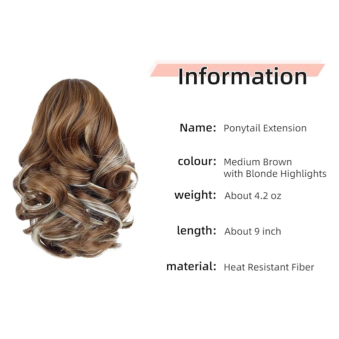 Ponytail Extension, Clip on Ponytails for Women, 9" Claw Clip in Short Curly Wavy Pony Hair Extension for Women - Medium Brown with Blonde Highlights