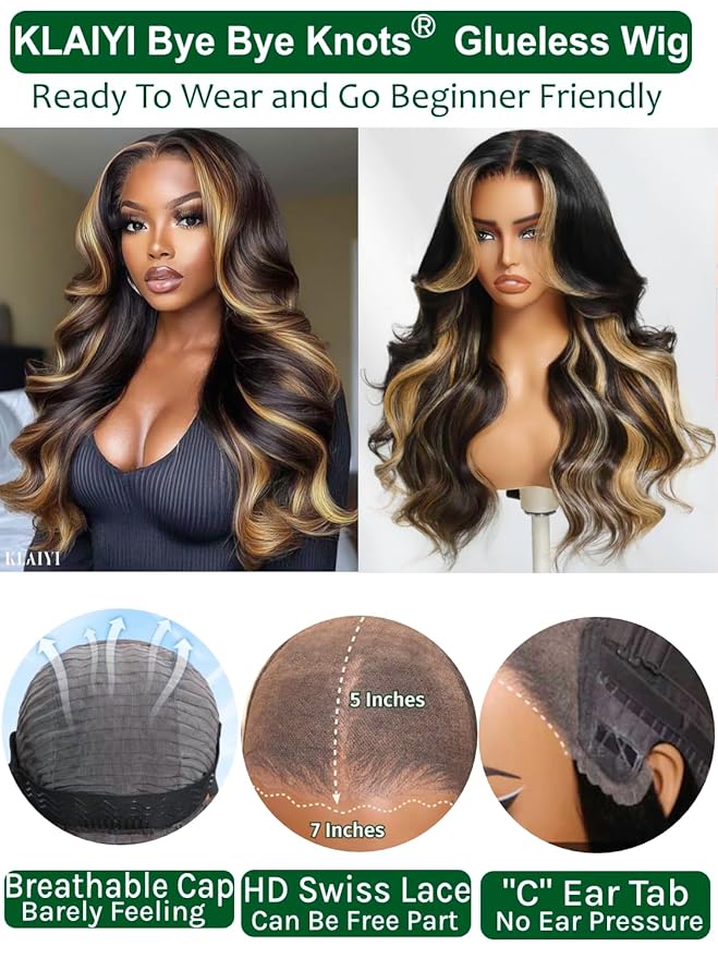 KLAIYI Ombre Highlight Blonde Loose Body Wave Bye Bye Knots Glueless Wigs Human Hair 7x5 Precut Lace Front Pre Plucked Bleached Ready to Wear Go Wig with Face Framing Curtain Bang Caramel Brown 18Inch