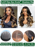 KLAIYI Ombre Highlight Blonde Loose Body Wave Bye Bye Knots Glueless Wigs Human Hair 7x5 Precut Lace Front Pre Plucked Bleached Ready to Wear Go Wig with Face Framing Curtain Bang Caramel Brown 22Inch