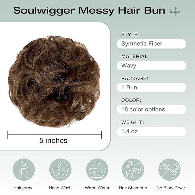 Messy Bun Hair Piece Wavy Curly Scrunchies Fluffy Donut Thick Updo Elegant Chignon Hairpieces for Women Girls, Light Chestnut Brown 1.4oz