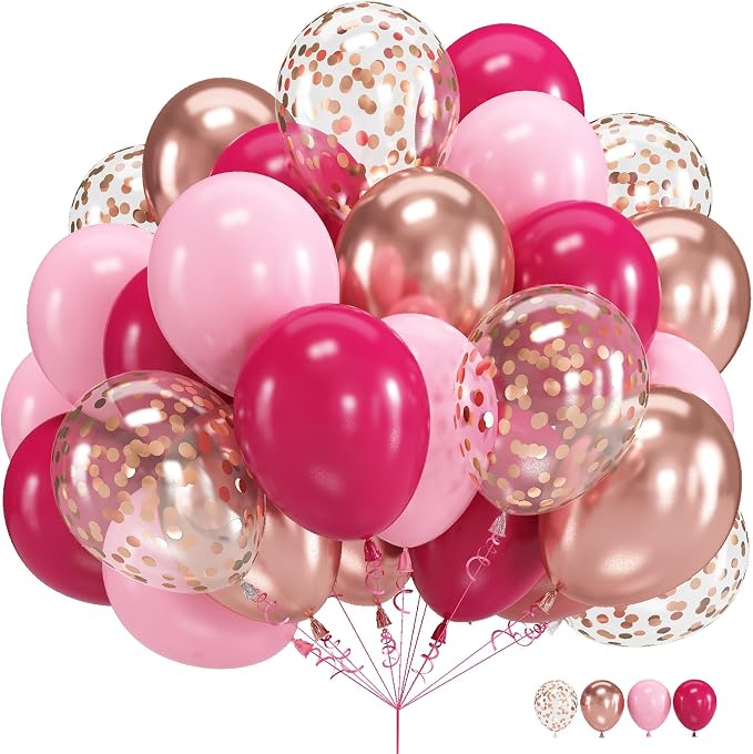 Pink Balloons, 60 Packs 12 Inch Hot Pink and Chrome Rose Gold Confetti Balloons by Govpy