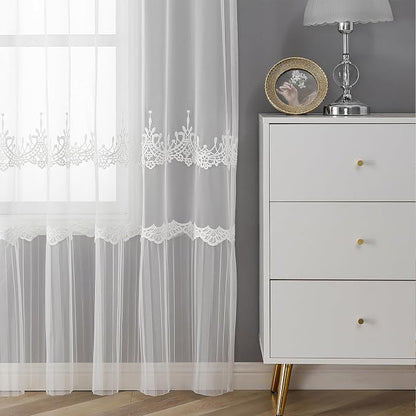 White Sheer Voile Curtains White Embossed European 54Wx63L Inch | Light - Image 5