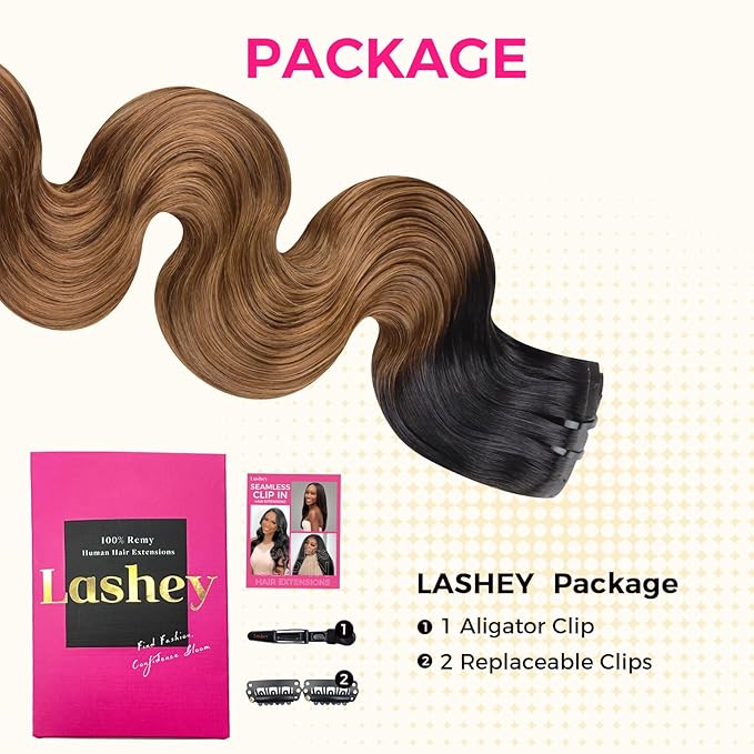 Lashey Seamless Clip in Hair Extensions Human Hair 130g 9pcs 18 Inch Body Wave Ombre Natural Black to Medium Auburn Clip in Hair Extensions for Women