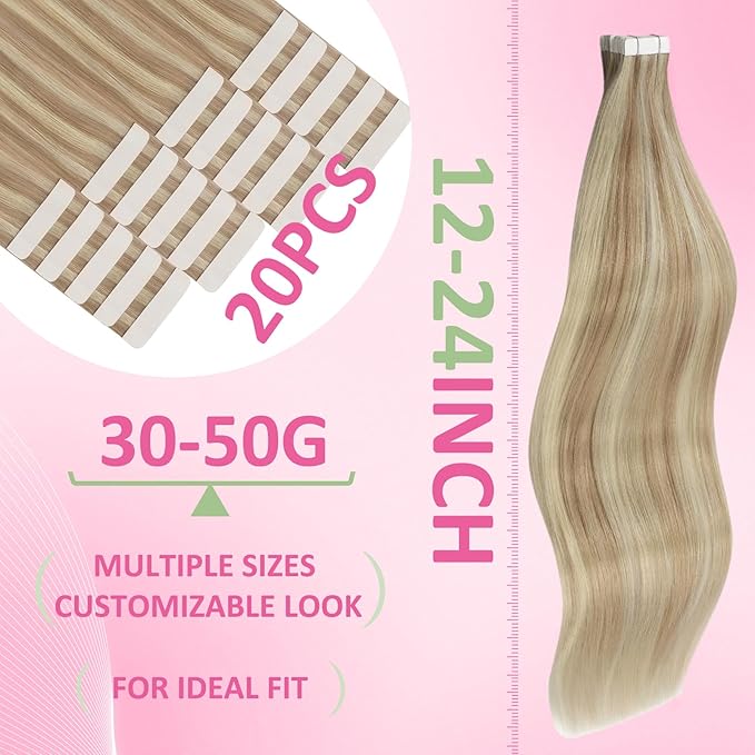 YoungSee Tape in Hair Extensions Human Hair Blonde Highlight Seamless Tape-in Hair Extensions Human Hair Light Blonde with Strawberry Blond Tape Extension Real Hair for Girls 14 Inch 20pcs 50g