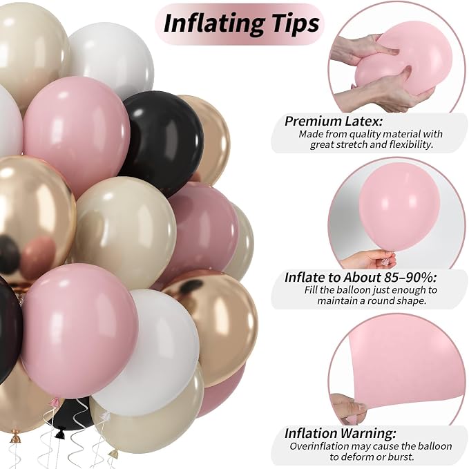 60 PCS Black and Pink Balloons, Retro Dusty Pink Ivory Sand White Black Latex - Image 6