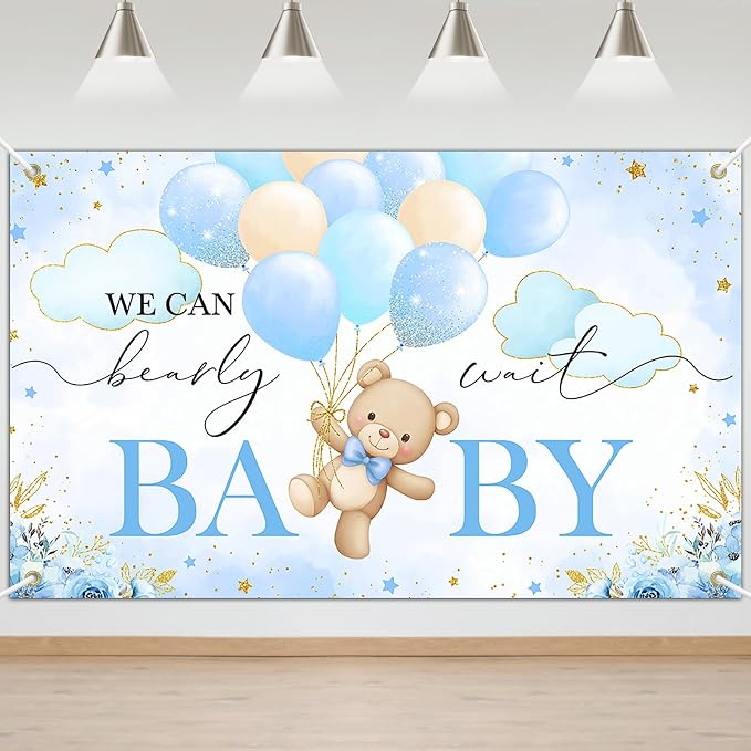 Mocsicka We Can Bearly Wait Backdrop Banner 6x3.6ft | Blue Balloons, Bear Baby by Mocsicka