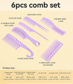 6PCS Professional Hair Comb Set for Women & Men Rat Tail, Wide & Fine Tooth Combs for Curly Hair, Braiding, Barber Styling, Cutting & Parting (Purple)
