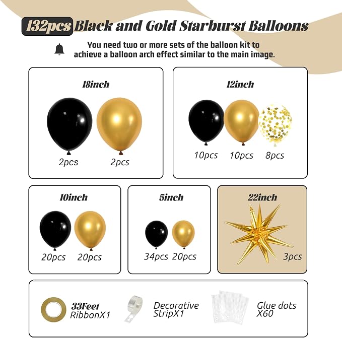 FOTIOMRG Black and Gold Balloons Garland Arch Kit, 5 10 12 18inch Black Gold - Image 2