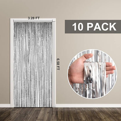 10 Pack Foil Curtain Backdrop Silver Metallic Tinsel Foil Fringe Curtains Photo - Image 7