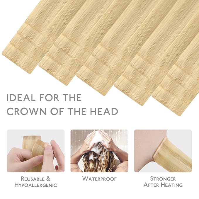 WENNALIFE Invisi Edge Tape in Hair Extensions Human Hair, 16 Inch 50g 20pcs Light Blonde Highlighted Golden Blonde Invisible Luxury Remy Hair Extensions Natural Seamless Injected Tape Ins Straight