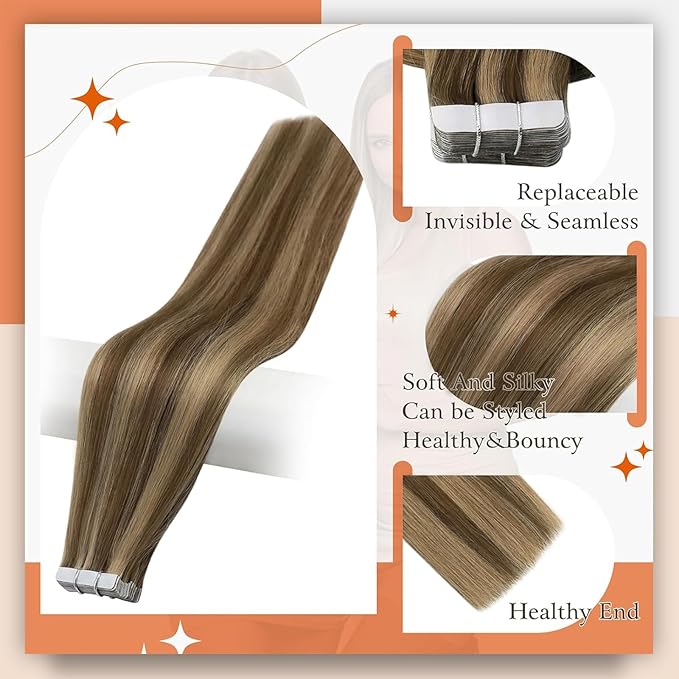 Full Shine Tape in Hair Extensions 50 Gram Medium Brown Highlights Honey Blonde Real Human Hair Extensions Tape ins 22 Inch Straight Tapes in Extensions 20 Pcs Seamless Straight Glue Hair Extensions