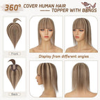 Rich Choices Real Human Hair Toppers for Women With Bang 100% Remy Human Hair Topper for Thinning Hair Clip in Silk Base Hair Topper 14 Inch #4P27 Medium Brown Mix Dark Blonde