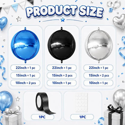 Black Blue Silver Round Foil Balloons - Image 2