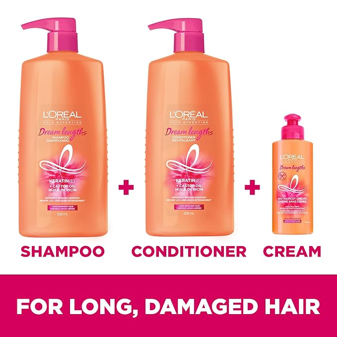 L'Oreal Paris Elvive Dream Lengths Restoring Shampoo With Fine Castor Oil and Vitamins B3 and B5 for Long, Damaged Hair, Visibly Repairs Damage Without Weighdown With System, 28 Fl Ounce (Pack of 2)