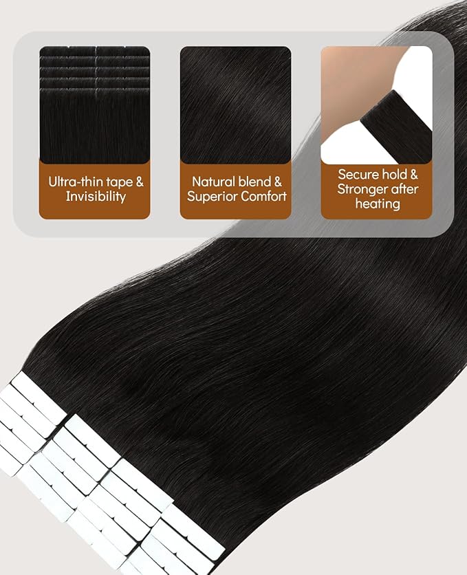 VINBAO Injected Tape in Extensions Human Hair Invisible Hair Extensions Tape in Invisi Edge, Off Black 40g 20pcs 14in Seamless Natural Blend 14inch #1B