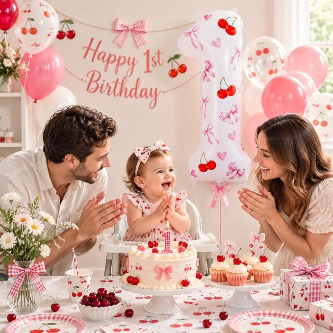 1st Birthday Cherry Balloon, 40 Inch Number 1 DIY Pink Party Decor | Cherry - Image 2