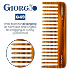 Giorgio G49 Large Hair Detangling Comb, Wide Teeth for Thick Curly Wavy Hair. Long Hairs Detangler Comb For Wet and Dry. Handmade of Quality Cellulose, Saw-Cut, Hand Polished, Tortoise Shell