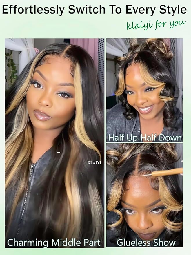 KLAIYI Ombre Highlight Blonde Loose Body Wave Bye Bye Knots Glueless Wigs Human Hair 7x5 Precut Lace Front Pre Plucked Bleached Ready to Wear Go Wig with Face Framing Curtain Bang Caramel Brown 26Inch