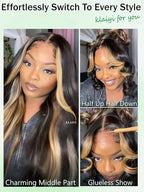 KLAIYI Ombre Highlight Blonde Loose Body Wave Bye Bye Knots Glueless Wigs Human Hair 7x5 Precut Lace Front Pre Plucked Bleached Ready to Wear Go Wig with Face Framing Curtain Bang Caramel Brown 18Inch