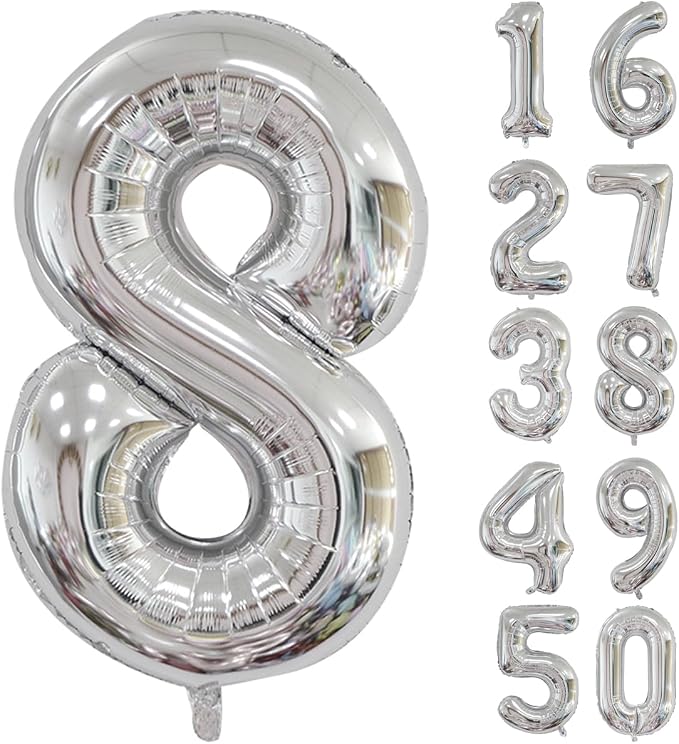 40 inch Silver Number Balloon Giant Foil Helium Balloons Silver Number 8 Balloon by Yeodong