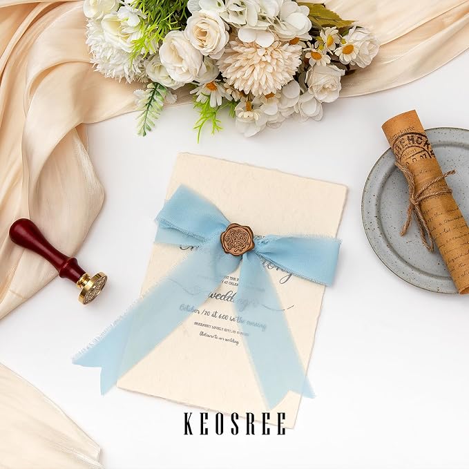 KEOSREE Baby Blue Dusty Blue Chiffon Ribbon Set 1.5" x21Yd | Handmade Frayed - Image 3