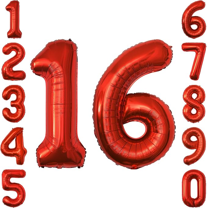 Red Number 16 Balloon 40 Inch, Foil Numeral by Unknown