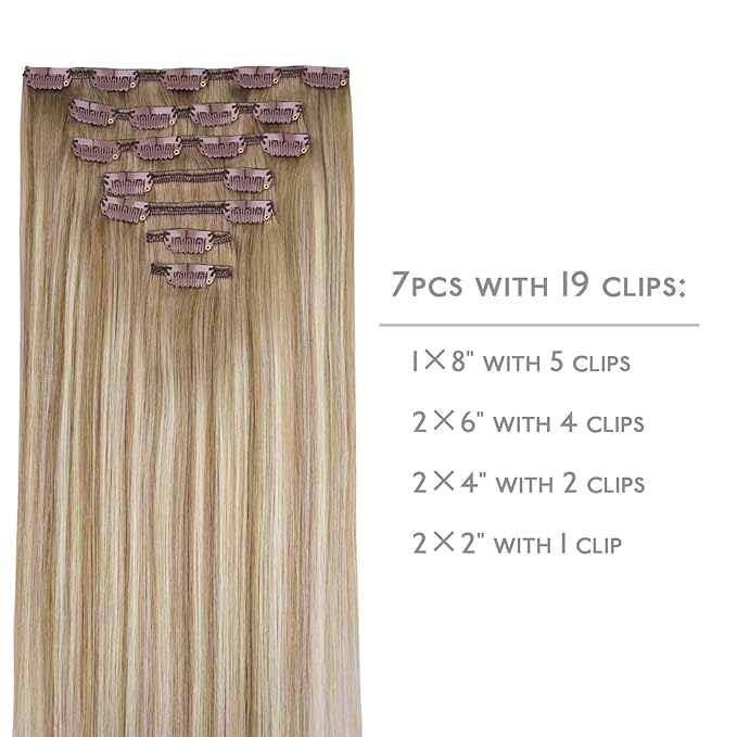WENNALIFE Clip in Hair Extensions Real Human Hair, 14 Inch 120g 7pcs Balayage Dirty Blonde with Platinum Ends Remy Hair Natural Double Weft