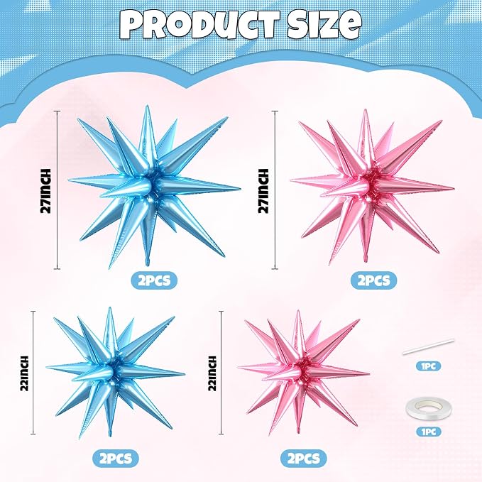 Blue Pink Star Balloons, 22/27 Inch Light Blue and Pink Foil Star Balloons - Image 2