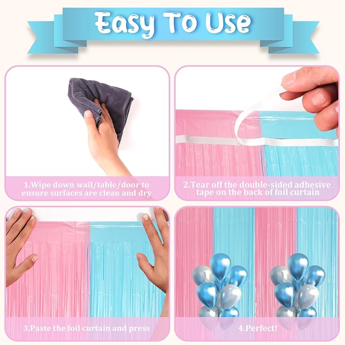 Voircoloria Pastel Blue Pink Foil Fringe Backdrop Curtains, 3 Pack - Image 4