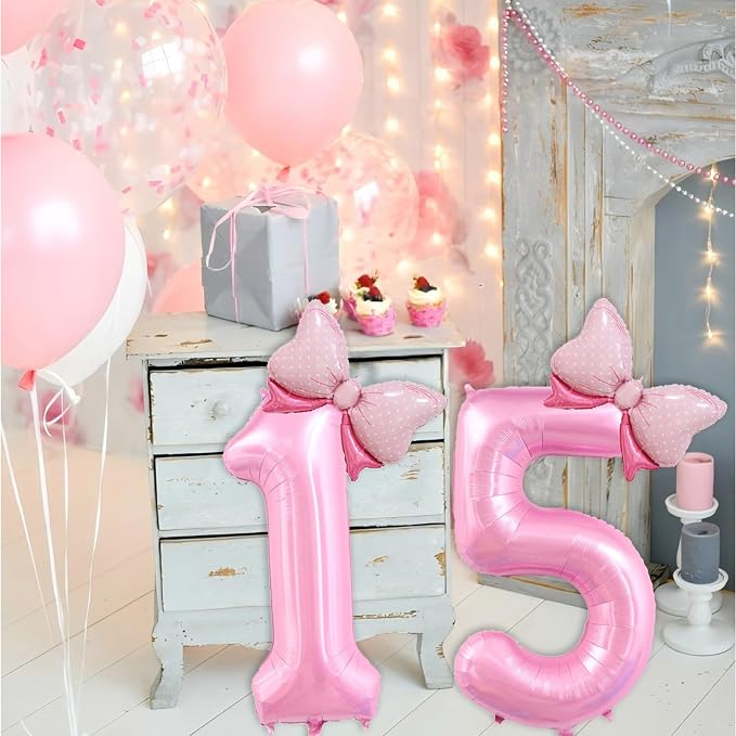40 inch Number 15 Balloon with Bow Pink Happy Birthday Jumbo Number Balloons - Image 3