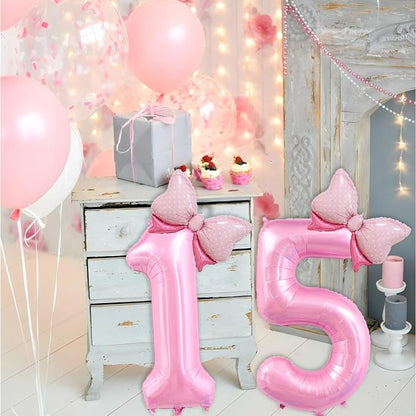 40 inch Number 15 Balloon with Bow Pink Happy Birthday Jumbo Number Balloons - Image 3