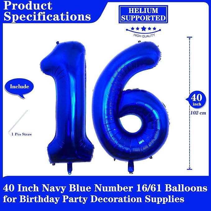 Navy Blue 16 Number Balloons, 40 Inch Giant Number 16 Balloons Foil Mylar - Image 2