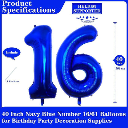 Navy Blue 16 Number Balloons, 40 Inch Giant Number 16 Balloons Foil Mylar - Image 2