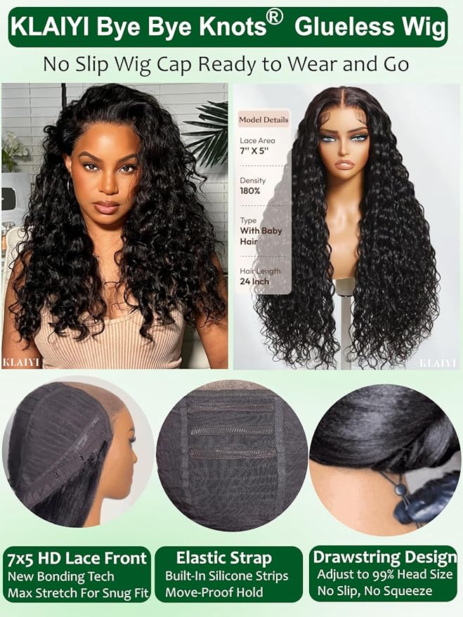 KLAIYI Bye Bye Slip™ Water Wave 7X5 Precut Lace Front Human Hair Wig Drawstring Glueless 3S Ready to Wear and Go Wig with Baby Hair Pre Plucked Bleached Bye Bye Knots Curly Wig 180%Density Full 24Inch