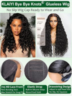 KLAIYI Bye Bye Slip™ Water Wave 7X5 Precut Lace Front Human Hair Wig Drawstring Glueless 3S Ready to Wear and Go Wig with Baby Hair Pre Plucked Bleached Bye Bye Knots Curly Wig 180%Density Full 22Inch
