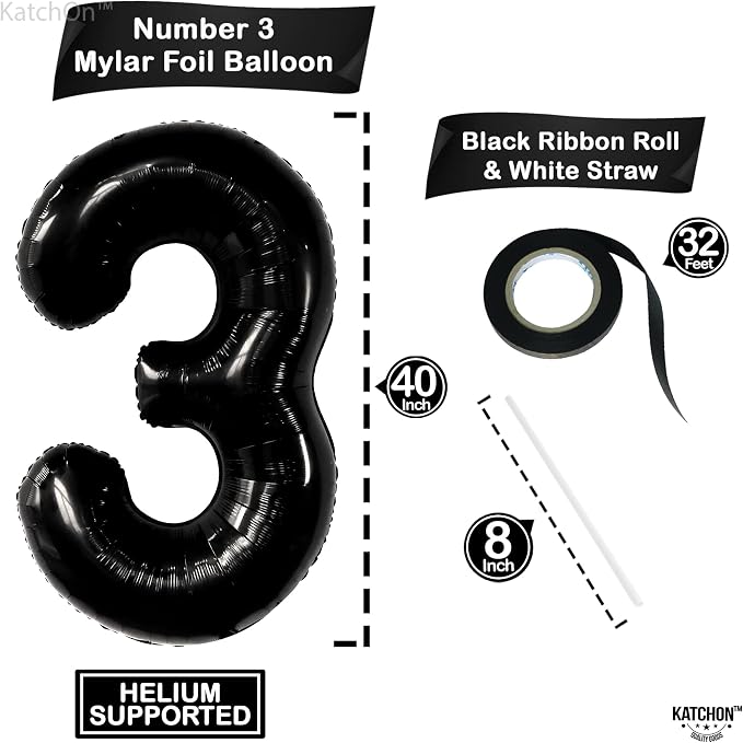KatchOn Black Number 3 Balloon 40 Inch, 3rd Birthday Decorations - Image 4