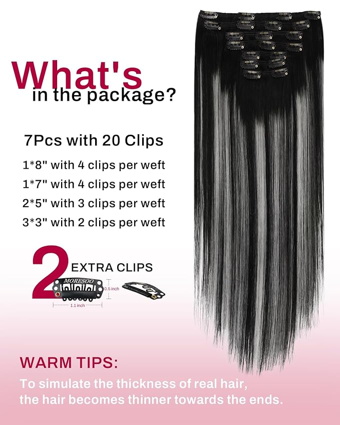 Moresoo Clip in Hair Extensions Human Hair Black to Silver Double Weft Hair Clip Extensions for Women Ombre Black with Silver 22inch 150Grams 7pcs
